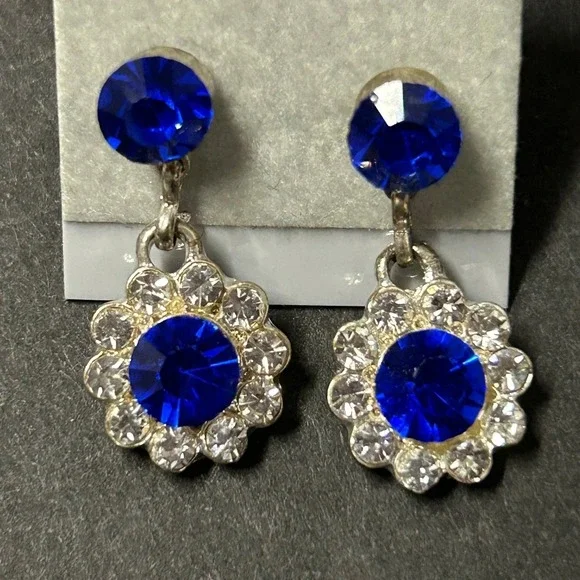 Floral Jewelry Necklace‎ Earrings Set Blue Crystal Silver 18 inch Chain