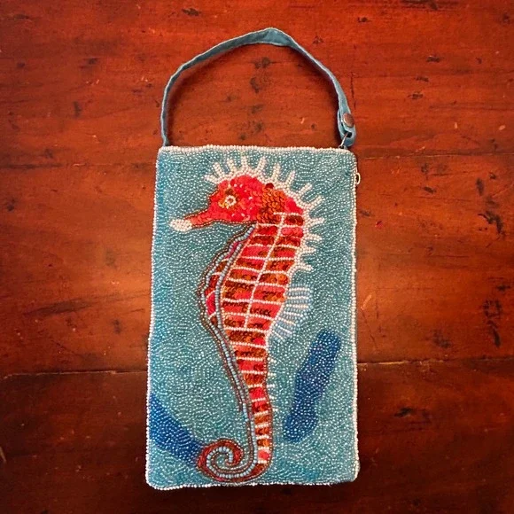 Bamboo Trading Co Seahorse Beaded Pouch Zipper w Shoulder Strap (not shown)