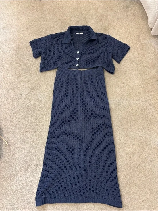 Navy Knit Cropped Button-Front Top & Maxi Skirt Set