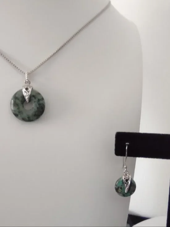 Necklace & Earrings Set Green Turquoise Stone on Sterling Silver 925