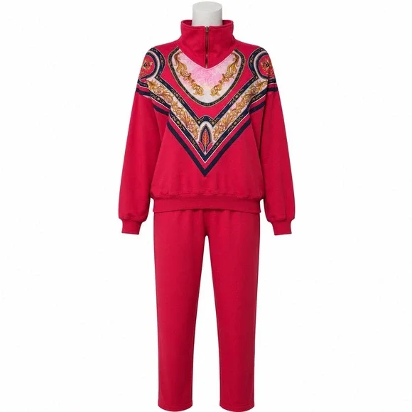 Vintage Bocoo 2 Pc Sweatsuit Baroque Scarf Print Pink Womens Medium 80s Retro