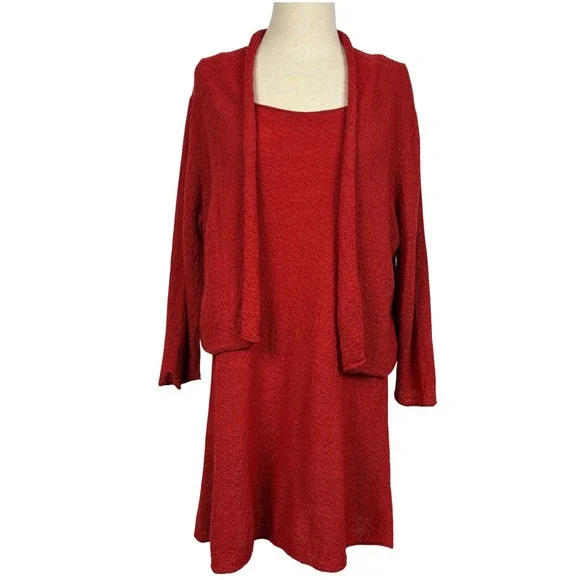 Eileen Fisher Coral Red 100% Wool‎ 2 Piece Set Cardigan & Tank Dress L Lagenlook