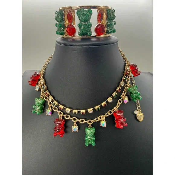 Betsey Johnson Gummy Bear Necklace and Cuff Bracelet Set Red Green Gold Vintage