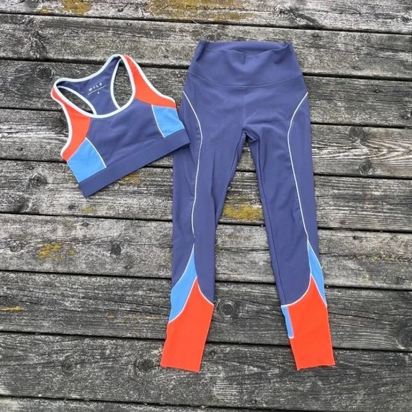 WILO Activewear Set Women Small Blue Orange Ribbed Colorblock Sports Bra Legging