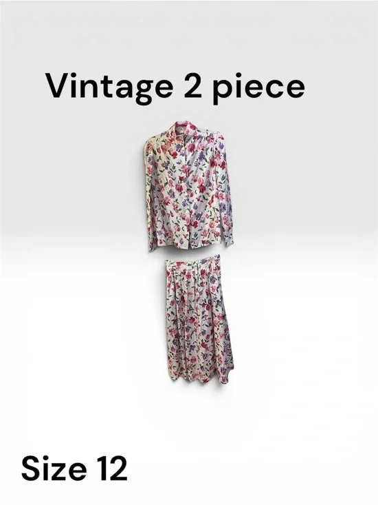 Vintage Floral 2-Piece Blouse & Skirt Set - White Base with Pink & Purple Flower