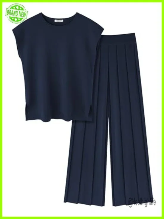 Two Piece Lounge Set Cap Sleeve Knit Top Wide Leg Pleated Pants Sweater Sets