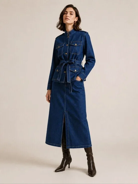 Vintage 90s Denim Skirt Suit Military Utility Size 16 Y2K Blue Dark Wash Safari