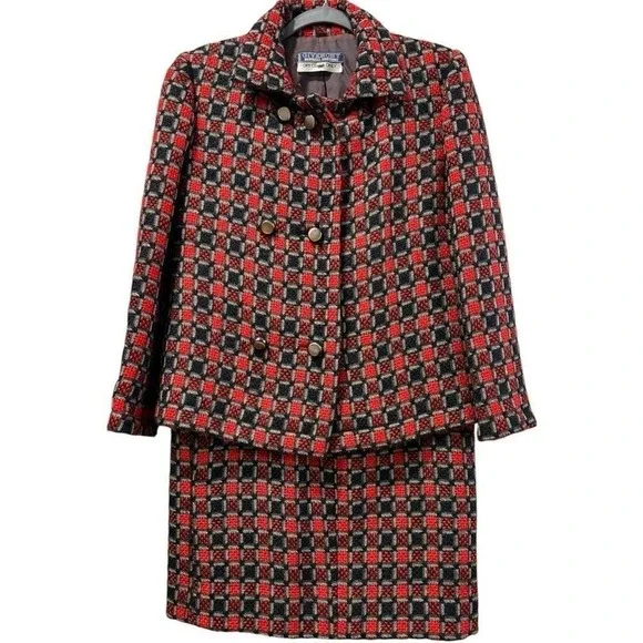 Givenchy‎ Boutique Vintage Wool Blend Skirt Suit Red Black Check 10 / 12