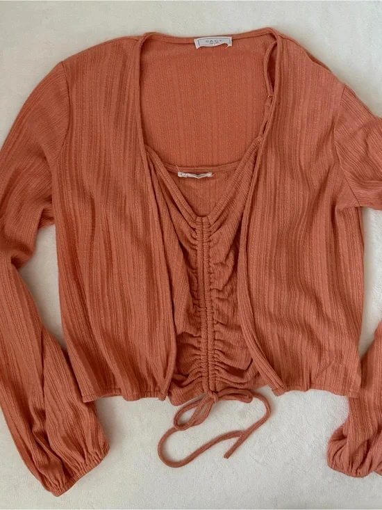 Sage The Label 2 Piece Cardigan & Cami Set Large Rust Terracotta Rib Knit