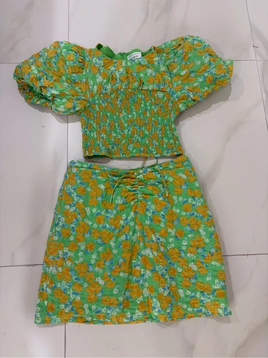 Sabo Skirt Green Floral Two-Piece Set with Yellow & Blue Accents