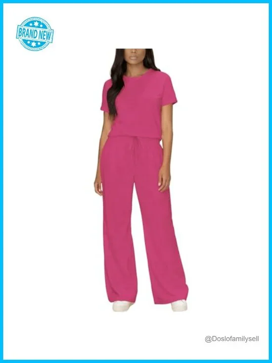 2 Piece Lounge Set: Short Sleeve Top & Wide Leg Pants with Pockets