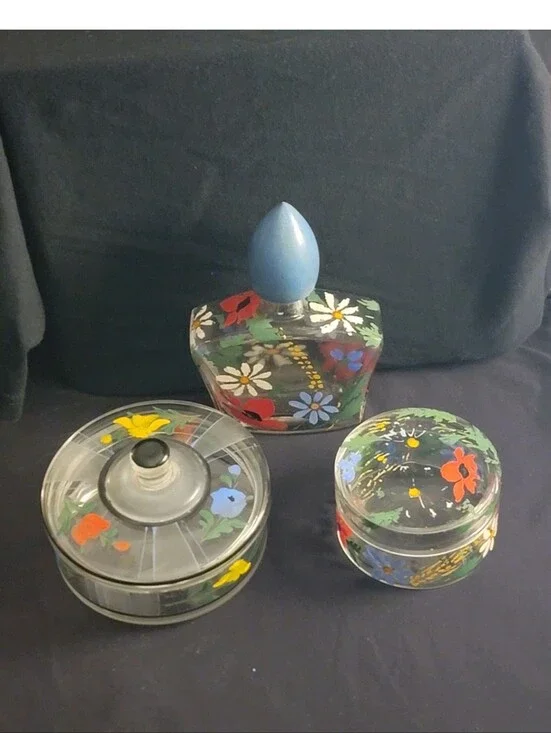 Austrian Handpainted Floral Glass Vanity Set - 3 Pieces, Blue Accents