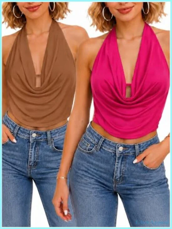 2 Pack Draped Cowl Halter Crop Top Set Back Tie Y2K Sexy Rave Outfits