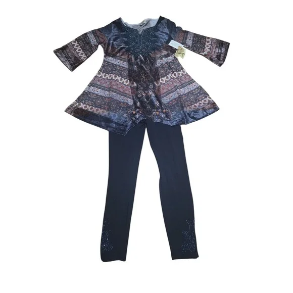 One World Womens Navy Blue Paisley Velvet Tunic and‎ Leggings 2pc Set XS NEW