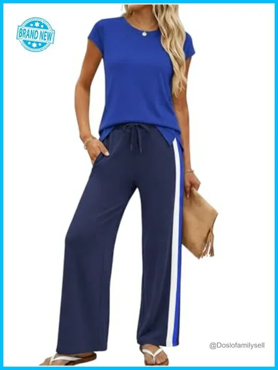 2 Piece Pants Set Women Track Suit Short Sleeve Shirt Pants Set Casual Air