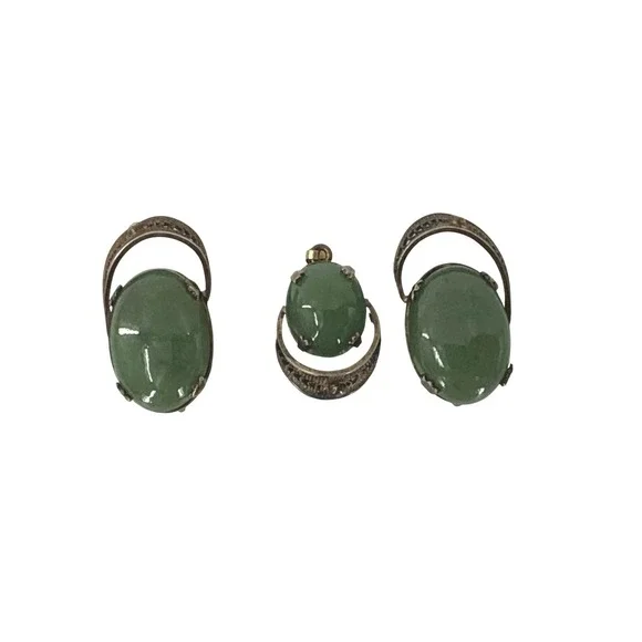 Sorrento Sterling Silver Green‎ Cabuchon Filigree Earrings Pendant Set Vintage