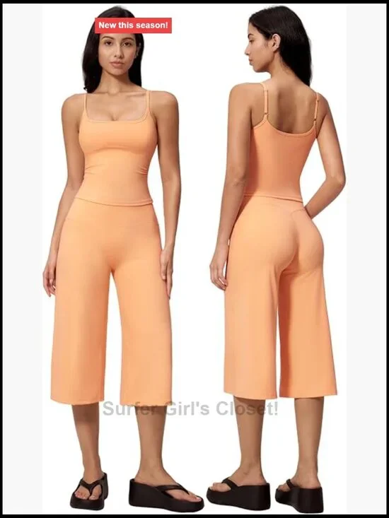 Two Piece Workout Set Crop Top Wide Leg Capri Pants Spaghetti Straps