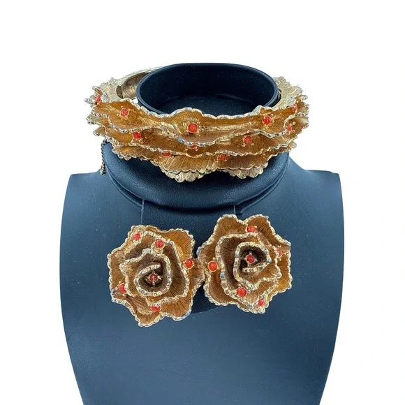 Hattie Carnegie Jewelry Set Womens Gold Orange Ruffle Clamper‎ Bracelet Earrings