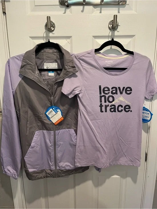 NWT Columbia Lavender Gray 'Leave No Trace' XS Tee and Matching SM Windbreaker