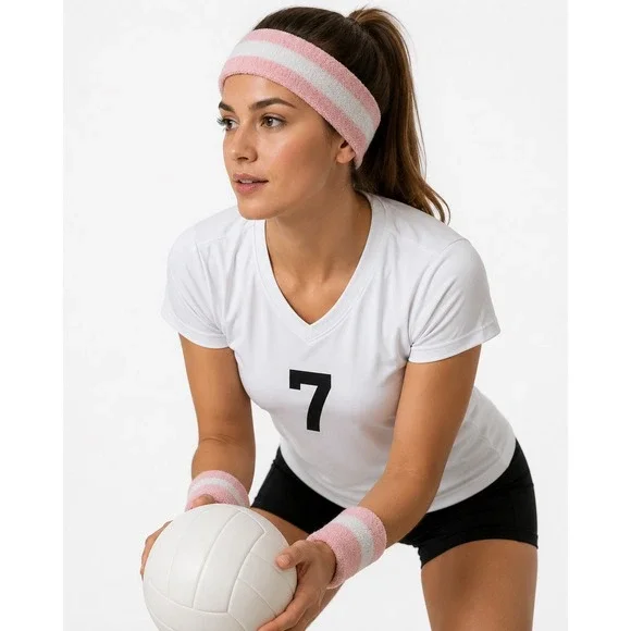 Pink White Striped Terry Cloth Sweatband 3 sets Headbands Wristbands Athletic