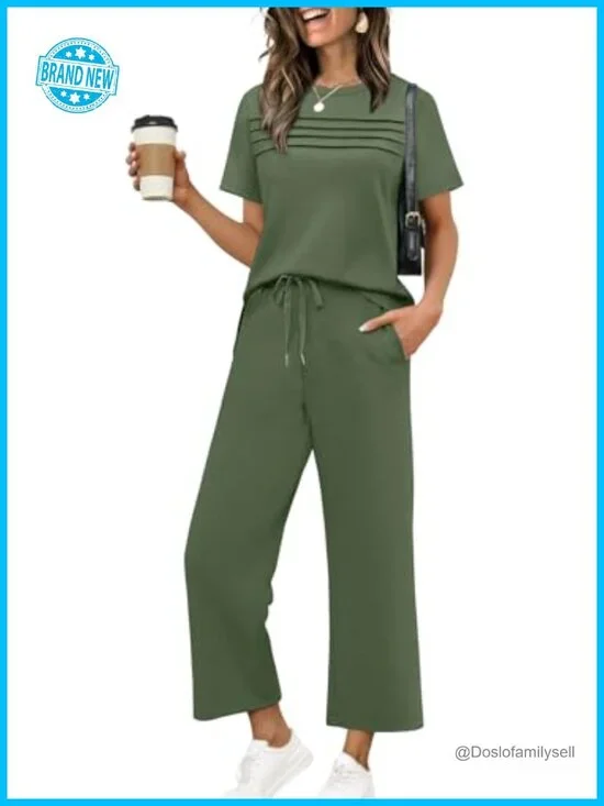 Two Piece Lounge Set Short Sleeve Top Wide Leg Pants