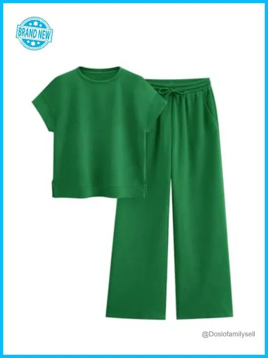 Women's 2 Piece Lounge Set Short Sleeve Top Drawstring Wide Leg Pants with