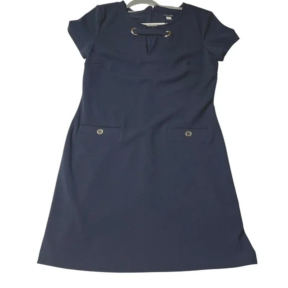 Tommy‎ Hilfiger Navy Blue Sheath Dress Gold Hardware Keyhole Neck Pockets Size 8