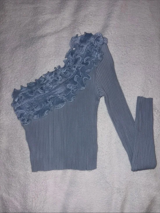 Zara Dusty Blue One-Shoulder Ruffle Ribbed Top