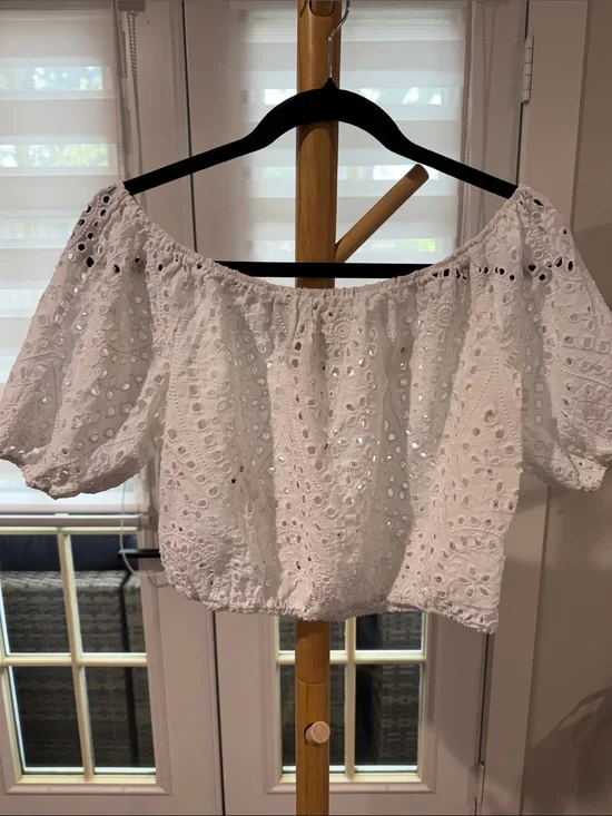 Zara White Eyelet Off-Shoulder Crop Blouse