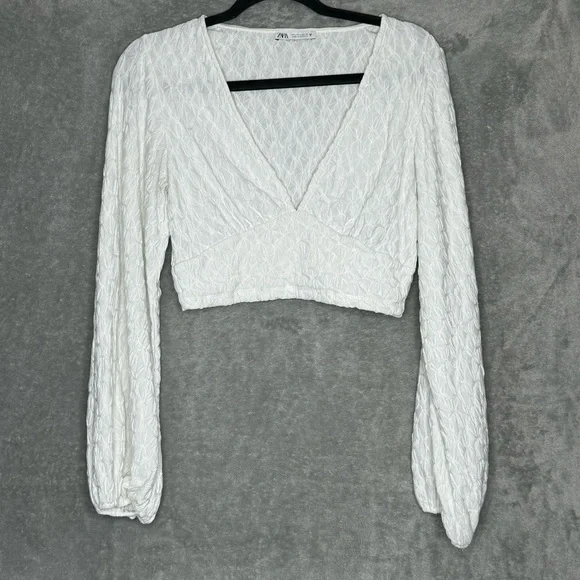 Zara Large Crop Top Shirt White Long Sleeve V Neck Textured Elastic Waist Cotton