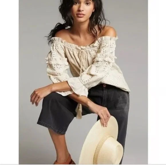 Anthropologie Seen Worn Kept Flora Eyelet Lace Off Shoulder Cream Blouse