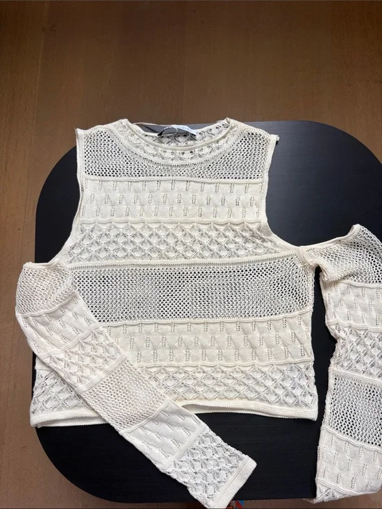 Zara Cream Open-Knit Cold-Shoulder Camisole