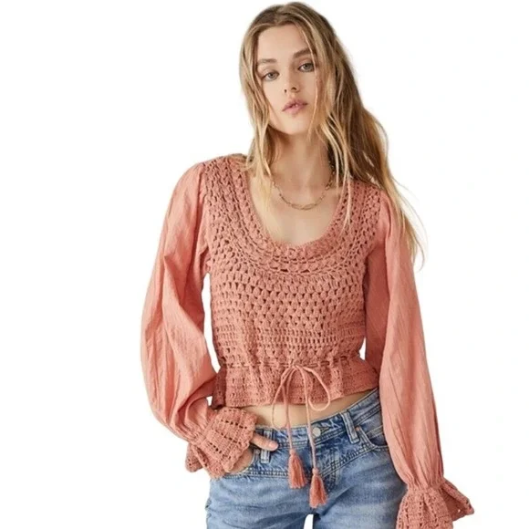 Free People Megan Crochet Open Back Peplum Top Long Sleeve Boho Small‎