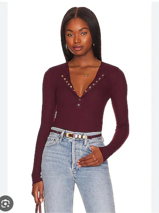 Free People Burgundy One of Your Girls Henley Long Sleeve Top XS