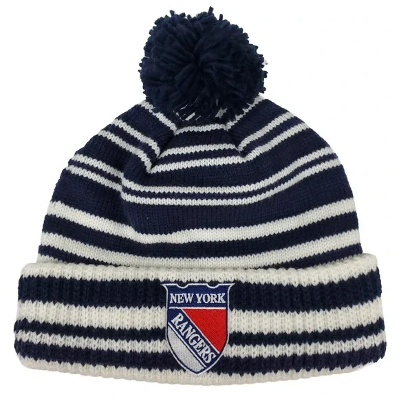 New York Rangers Mitchell & Ness NHL Cuff Knit Beanie Pom Hat Cap Navy White New
