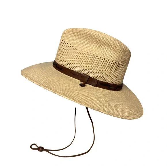 Stetson Straw Cowboy Hat Wide Brim Sun Protection‎ Leather Band Chinstrap Sz S