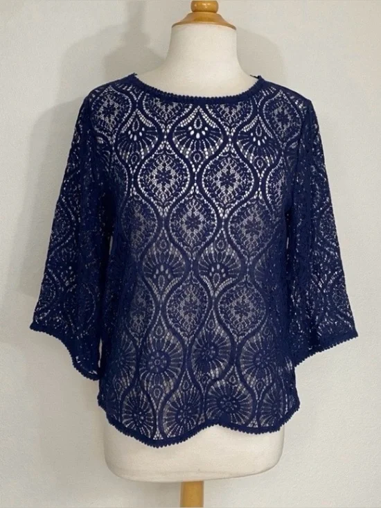 NWT New Banana Republic Women's Navy Lace Kimono Sleeve Boxy Blouse MP Classic