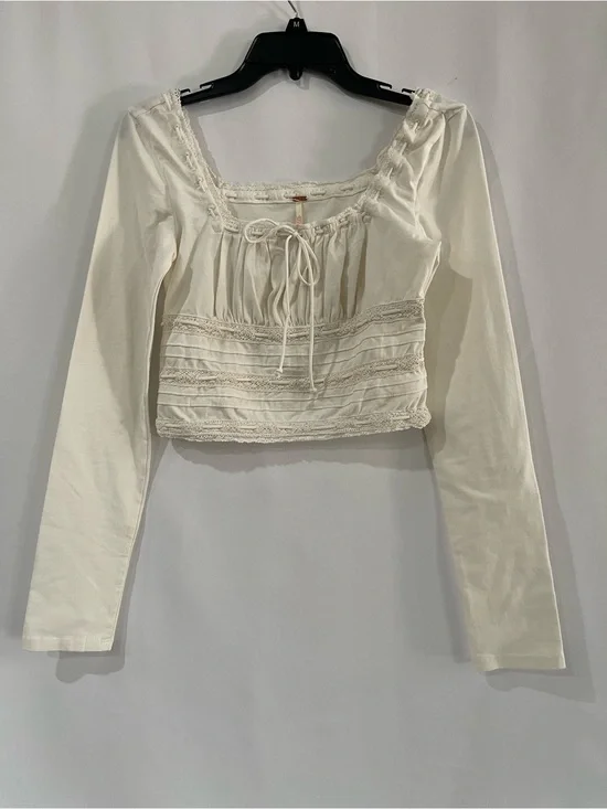 Free People Scarlet Smocked Long Sleeve Crop Top clean Ivory Lace Square Neck