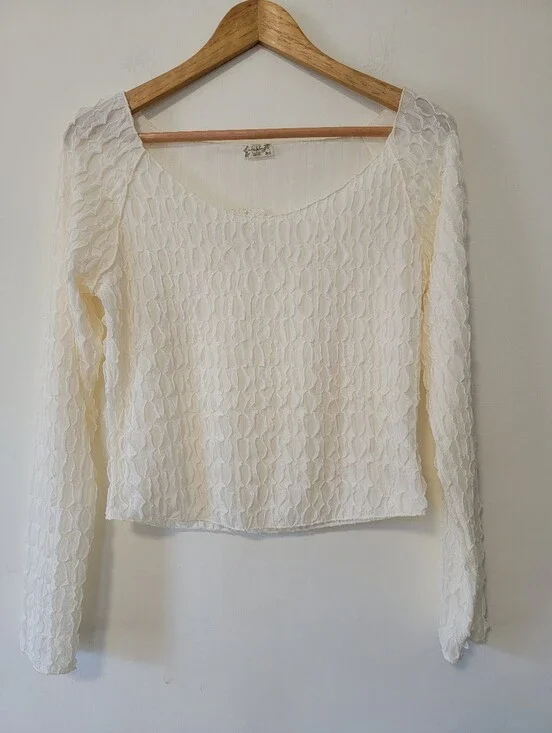 Free People Women's Cream Lace Long-Sleeve Scoop Neck Top
