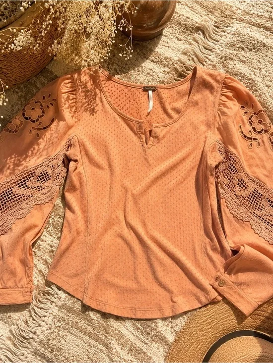 Free People Boho Crochet Lace Embroidered Sleeve Blouse Medium