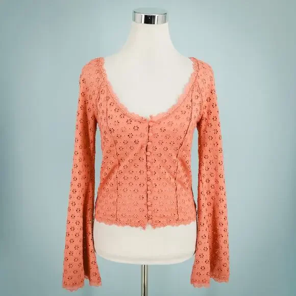 Free People Size Small S Eyelet Lace Button Scoop Neck Long Bell Sleeve Knit Top