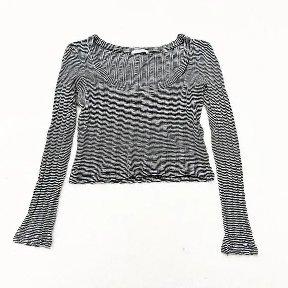Zara Woven Navy White Striped Long Sleece Top Size S