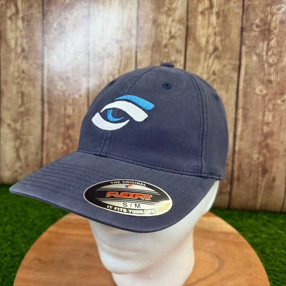 Flexfit Yupoong Baseball Cap Mens Small Medium Navy Blue Embroidered Logo Fitted
