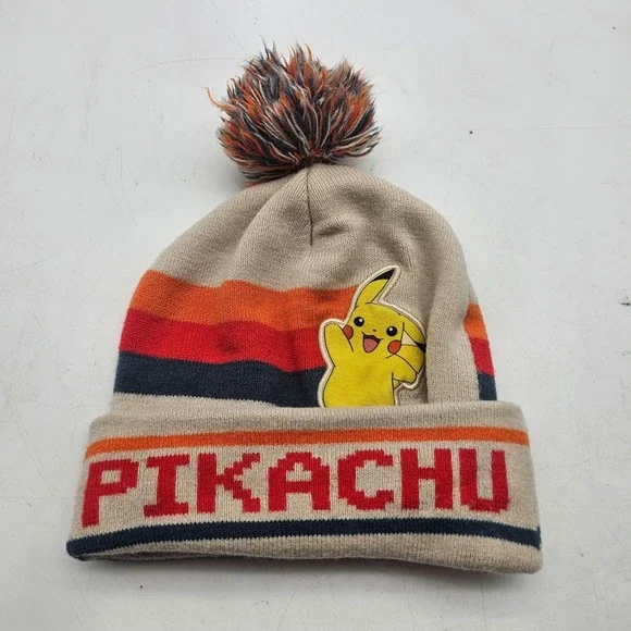 Pokemon Pikachu Hat Beanie Tan Orange Striped Knit Pom PIKACHU One Size Mens