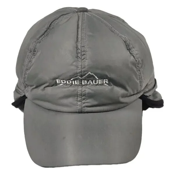 Eddie Bauer Goose Down Gray Fleece Lined Baseball Hat Cap Ear Flaps L/XL