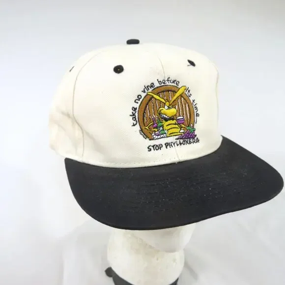 Stop Phylloxera Cartoon Wine Hat Beige Black Snapback 1990s