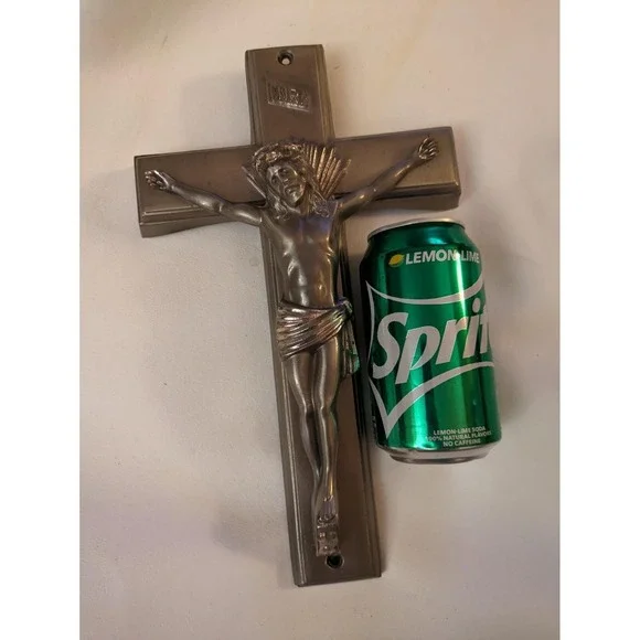 Vintage INRI Metal Crucifix Cross Casket Coffin Wall Hanger 13 Inch Satin Nickel