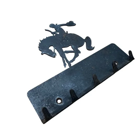 Vintage Metal Bucking Bronco Cowboy Wall Hook Rack Rustic Black Key Hat Holder
