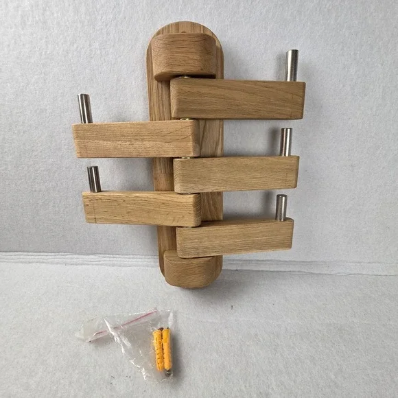 Solid Oak Swivel Wall Mounted Coat Rack 5 Rotating Arms Wood & Steel Hook Rail