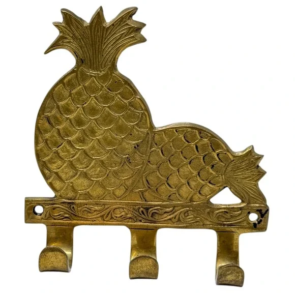 Vintage Pineapple Wall Hook Rack Gold Brass 3-Hook Tropical Decor‎